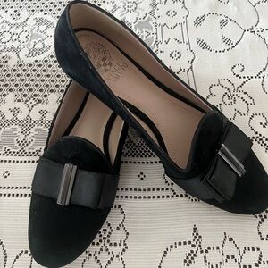 Vince Camuto Black Suede Bow Loafers with Gunmetal Accent